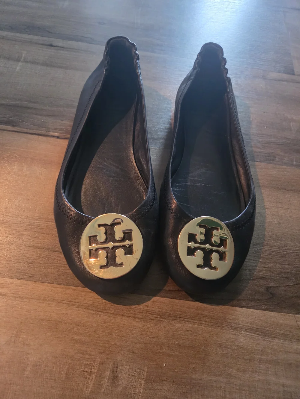 Tory Burch Black Reva Ballet Flats with Gold Logo Size 7.5